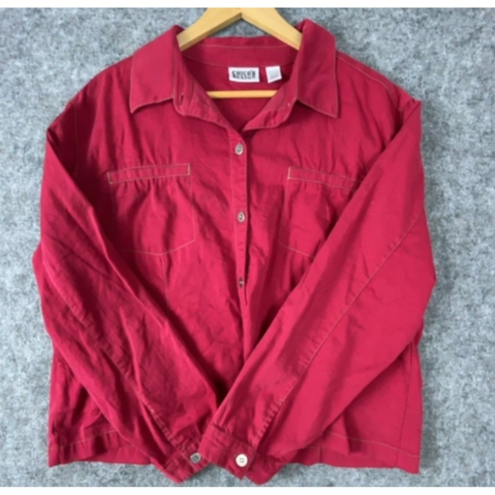 Chico's Design Shirt Womens 2 Red Cotton Stretch Chest Pocket Collared Button Up